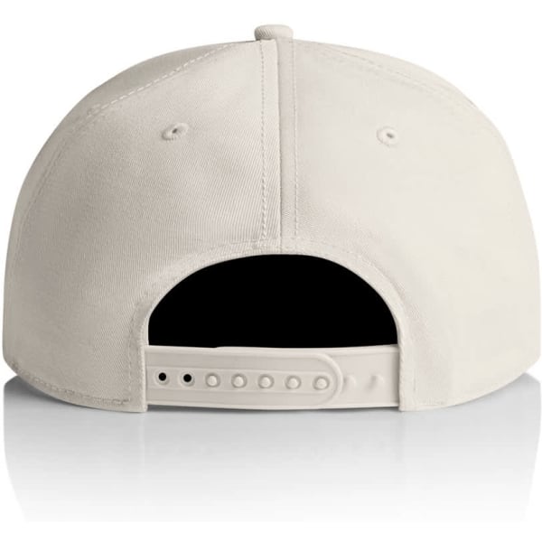 A beige 7-panel cap with a snapback closure and a logo on the back.