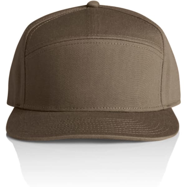 A brown 7-panel cap featuring a flat brim and structured front, with a logo on the front.