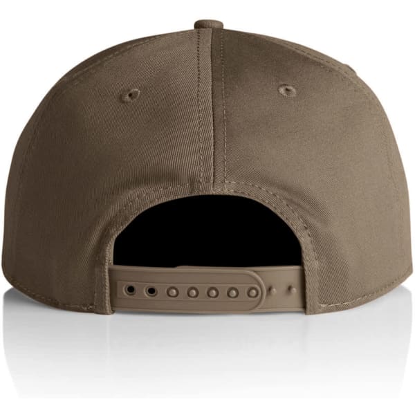 A khaki 7-panel cap featuring a flat brim and an adjustable strap at the back, with a logo present.