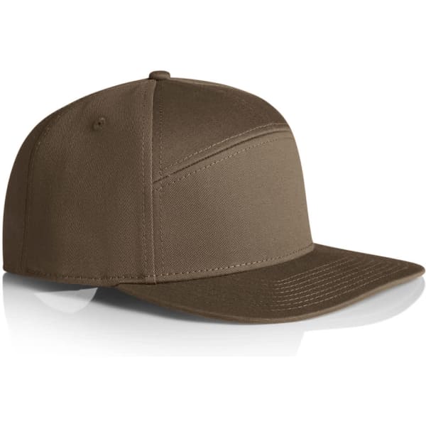 A brown 7-panel cap with a structured design and flat brim, featuring a logo on the front.