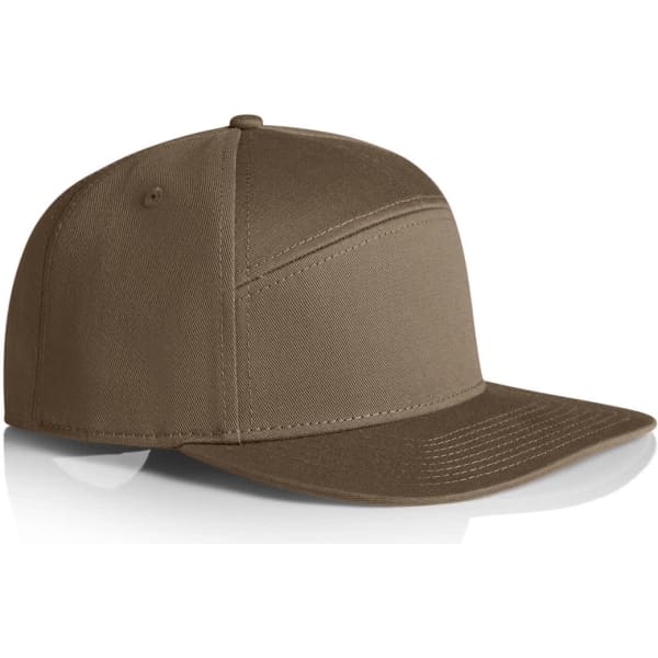 A 7-panel cap in a muted brown shade, featuring a solid design and a branded logo.