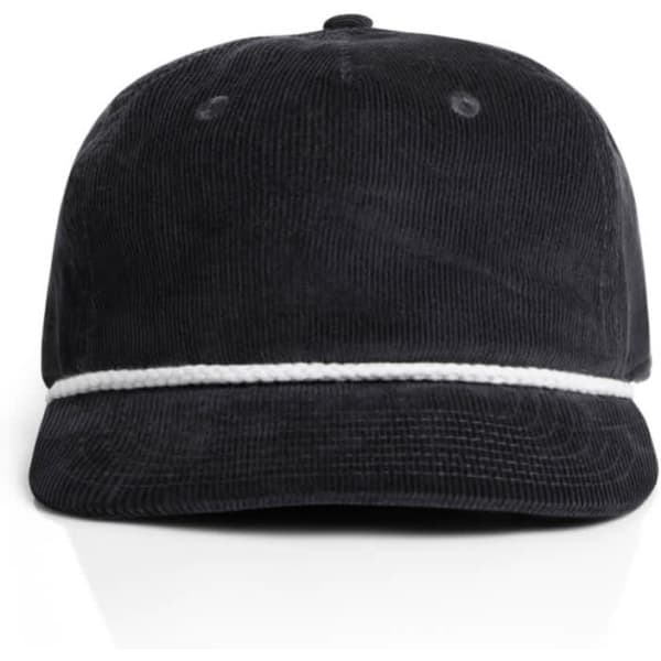 A black corduroy cap with a white rope detail, featuring a logo on the front.
