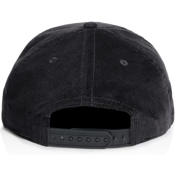A black cap with a corduroy texture featuring an adjustable snapback closure and a branded logo.