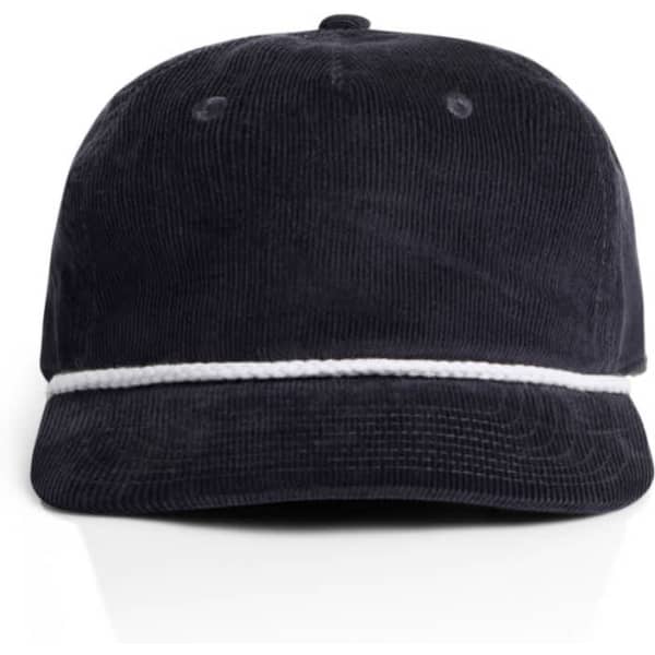 A navy corduroy cap with a white rope detailing across the front and a curved brim. It features a logo tag.