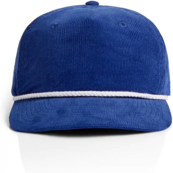 A blue corduroy cap with a white rope detail along the brim and a logo on the front.