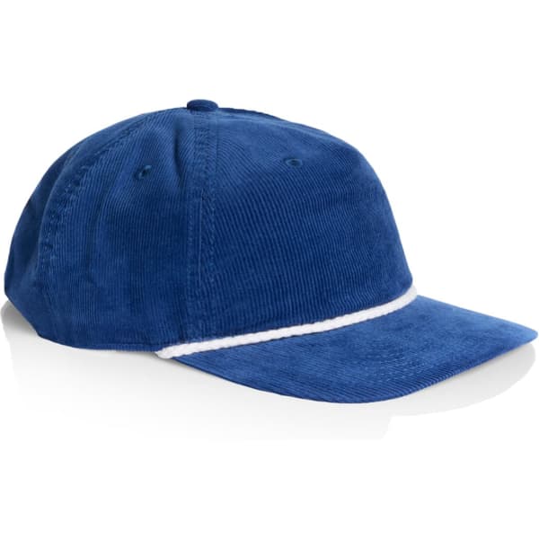 A blue corduroy cap featuring a contrast rope detail and a curved brim. The cap has a logo on it.