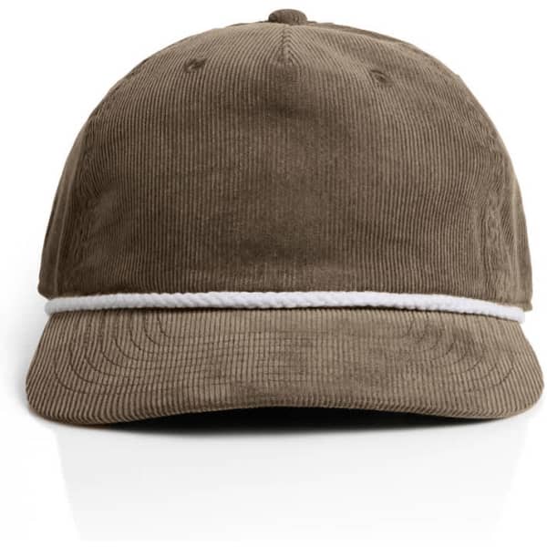 A brown corded cap with a white rope detail along the front brim and a logo on the side.