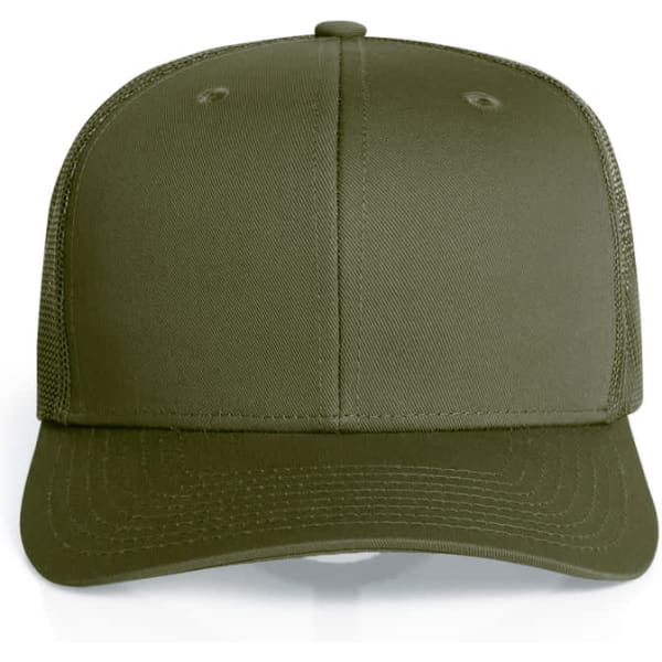 A green mesh trucker cap with a solid front panel and mesh sides, featuring a brand logo.