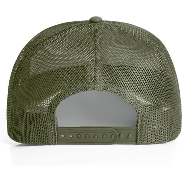 A mesh trucker cap in olive green featuring a snapback closure and a breathable mesh design.