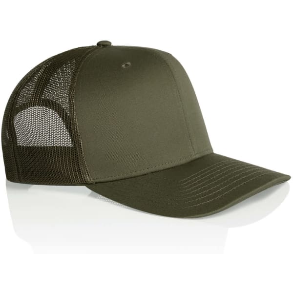 A green mesh trucker cap with a solid front and mesh sides, featuring a logo on the front panel.