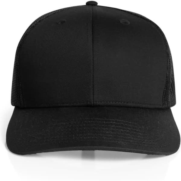 A black mesh trucker cap featuring a solid front and mesh sides. It has one logo on the front.