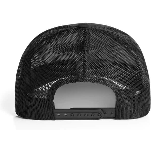 A black Mesh Trucker Cap featuring a mesh back and an adjustable snap closure.