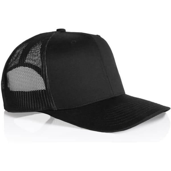 A black mesh trucker cap featuring a solid front panel and a breathable mesh back. It has a branded logo.