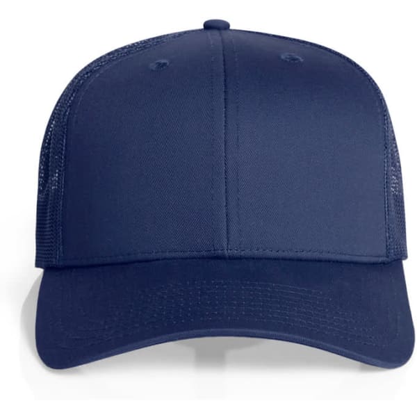 A navy Mesh Trucker Cap with a solid front panel and mesh back. It features a logo on the front.