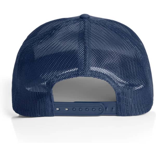 A navy mesh trucker cap featuring a plastic adjustable strap at the back and a branded logo.