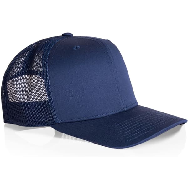 A navy blue mesh trucker cap featuring a solid front and mesh sides, with a logo on the front panel.
