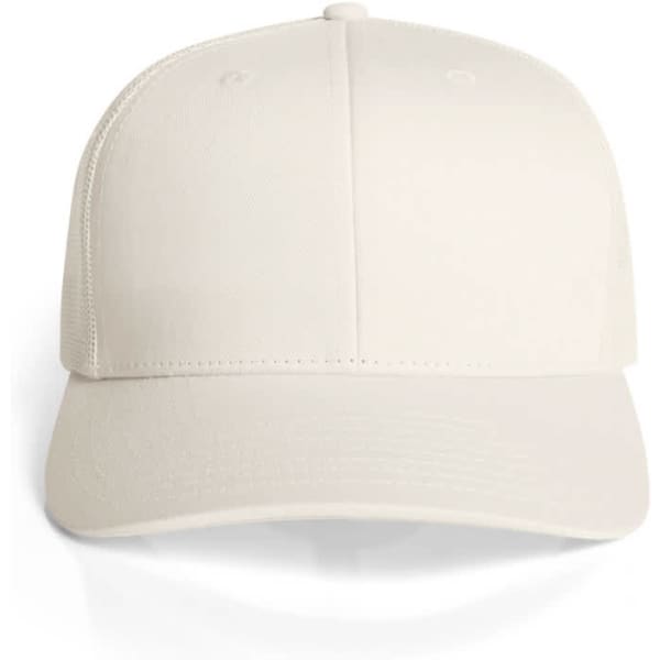 A white mesh trucker cap with a solid front panel and a curved brim, featuring an unobtrusive logo.
