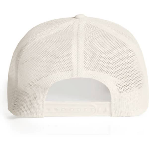 A white Mesh Trucker Cap featuring a breathable mesh back and an adjustable strap. It has a logo on the front.