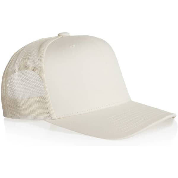 A beige mesh trucker cap featuring a solid front and mesh back, with a curved peak and a logo.
