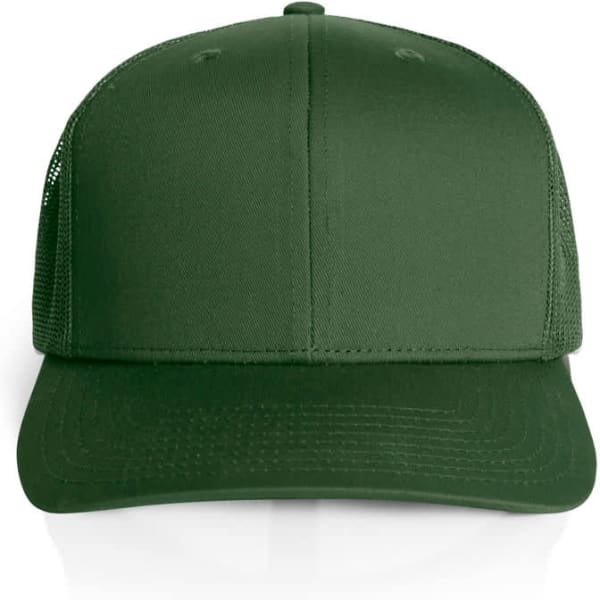 A green mesh trucker cap featuring a structured front and breathable mesh sides, with an adjustable strap.