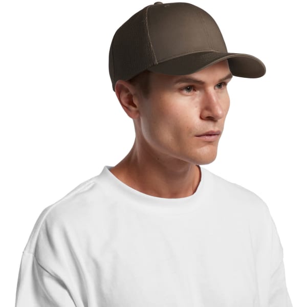 A brown mesh trucker cap with a solid front panel and a curved brim, worn by a person in a white t-shirt.