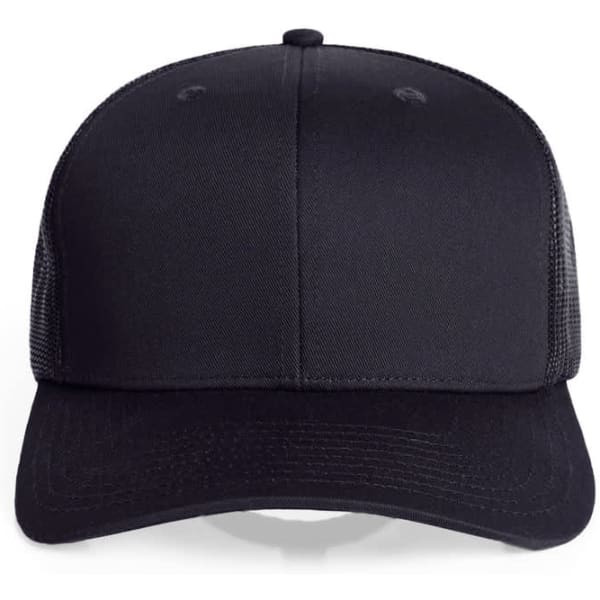 A black mesh trucker cap featuring a solid front panel and mesh sides, with a logo on the front.