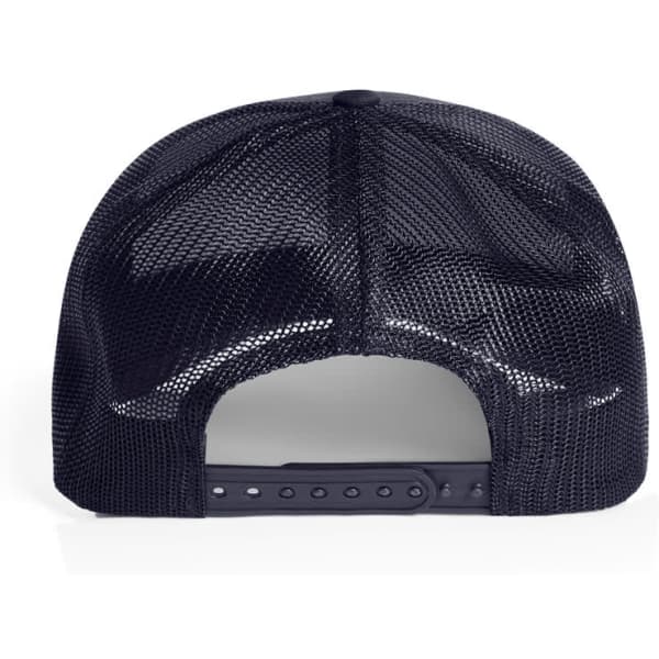 A dark navy mesh trucker cap with an adjustable strap, featuring a mesh back for breathability.