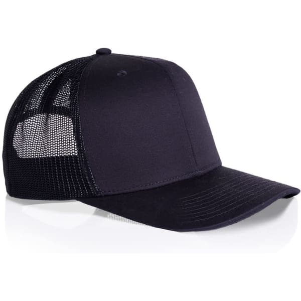 A navy mesh trucker cap with a solid front and a mesh back, featuring a fitted design and a curved brim.