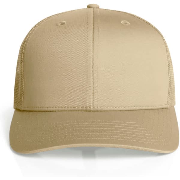 A beige mesh trucker cap with a solid front panel and breathable mesh back. Features a logo on the front.