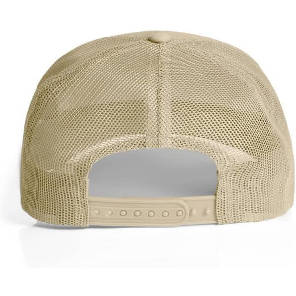 A beige mesh trucker cap featuring a snapback closure and a breathable mesh design at the back.