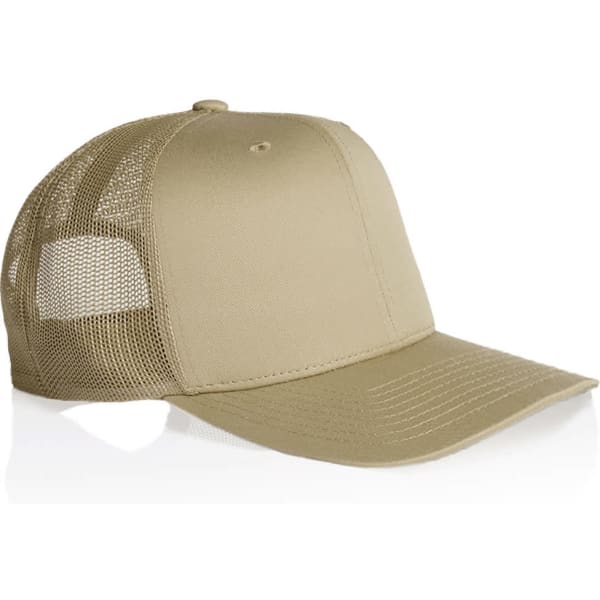 A beige mesh trucker cap with a solid front and mesh side panels, featuring a pre-curved brim and a logo.