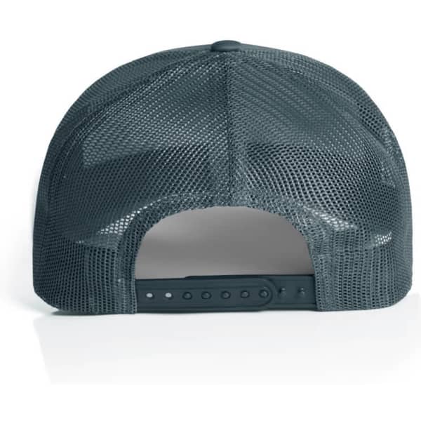 A dark grey mesh trucker cap featuring a snapback closure and a breathable design.