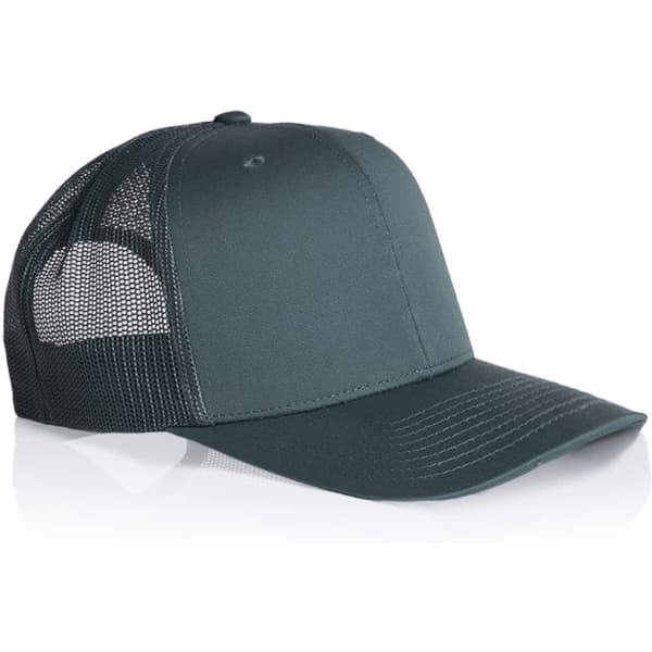 A dark green mesh trucker cap featuring a solid front panel and a mesh back. It includes a logo on the front.
