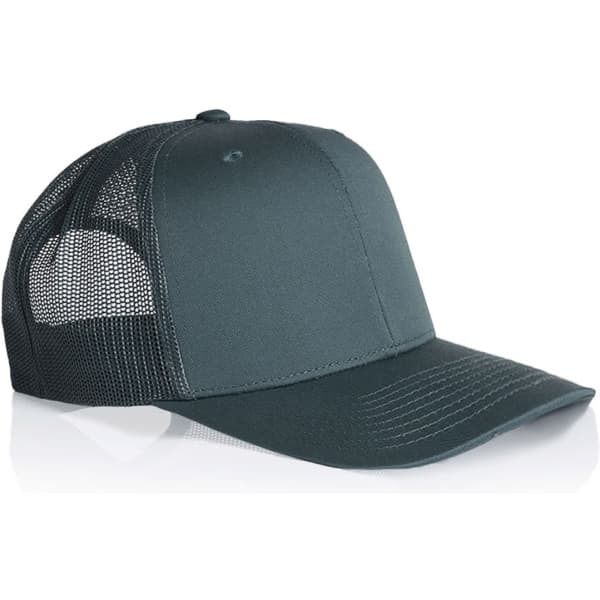 A dark green mesh trucker cap with a solid front and mesh back, featuring a logo.