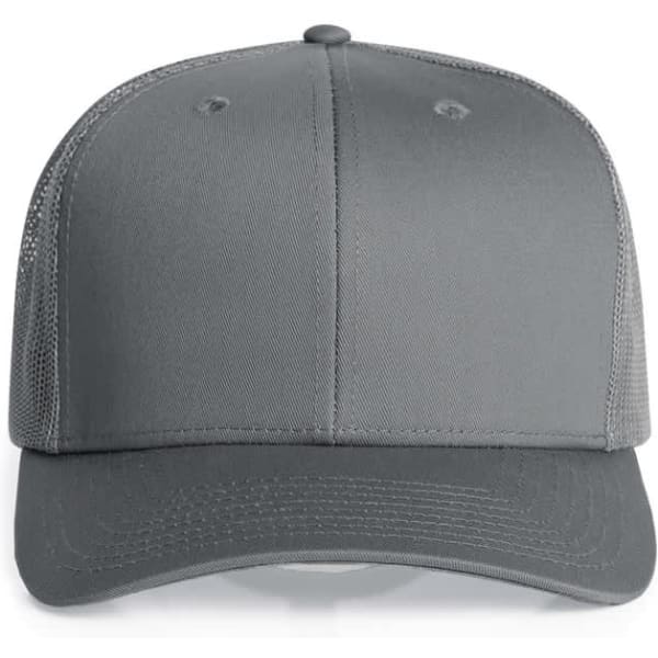 A grey mesh trucker cap with a solid front and mesh sides, featuring a curved peak and an adjustable strap.
