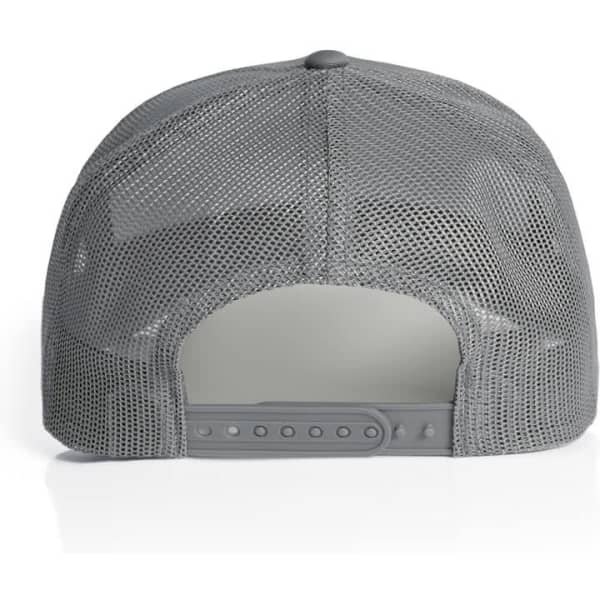 A grey mesh trucker cap featuring a breathable mesh back and an adjustable strap.