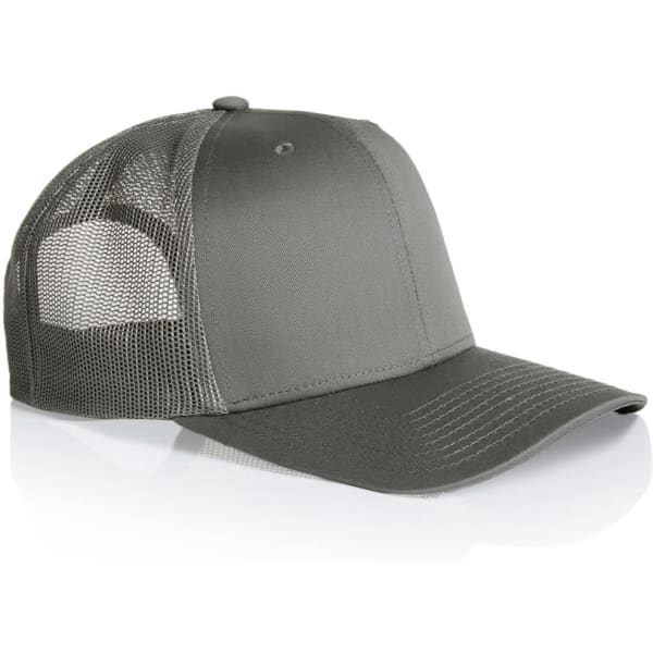 A grey mesh trucker cap with a solid front panel and mesh back, featuring a brand logo.