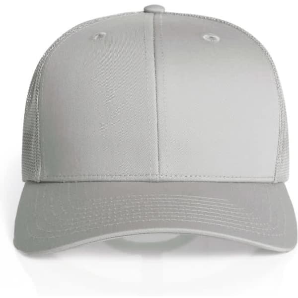 A grey mesh trucker cap featuring a solid front panel and breathable mesh back, with a logo on the front.