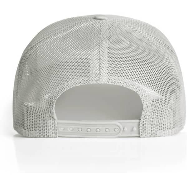 A white mesh trucker cap featuring a plastic adjustable strap and a vented back design.