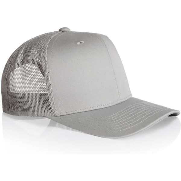 A grey mesh trucker cap featuring a solid front panel and a mesh back, with a curved brim and a logo.