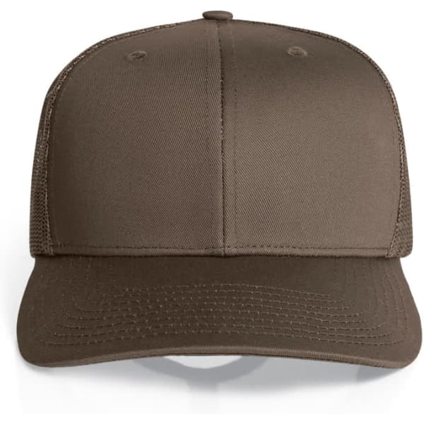 A brown mesh trucker cap with a solid front panel and mesh back. Features a logo on the front.