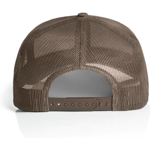 A brown mesh trucker cap featuring a adjustable snapback closure and a breathable mesh design.