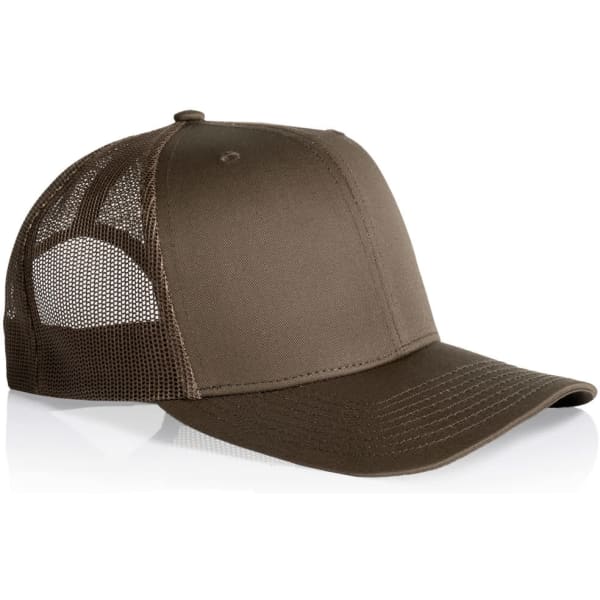 A brown mesh trucker cap featuring a solid front panel and mesh back panel, complete with a brim.