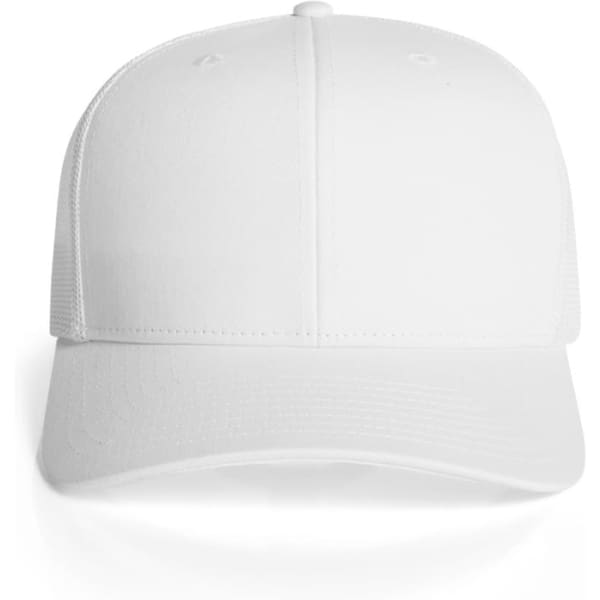A white mesh trucker cap with a structured front and a solid brim, featuring a branding logo.
