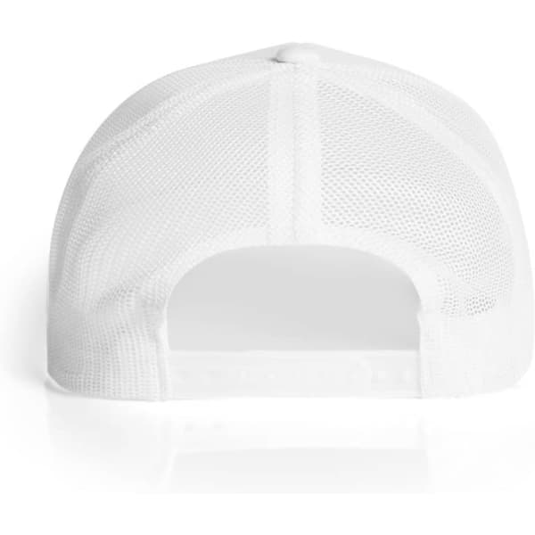 A white Mesh Trucker Cap featuring a mesh back and an adjustable strap.