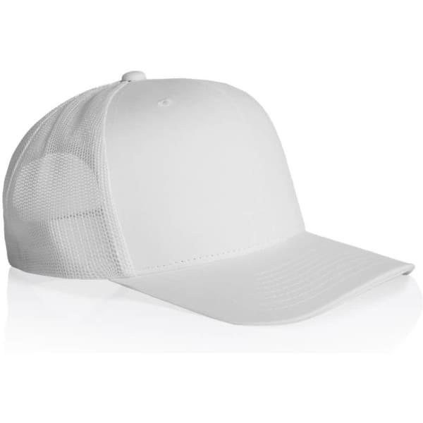 A white mesh trucker cap featuring a solid front panel and a mesh back, with a curved brim and a logo.