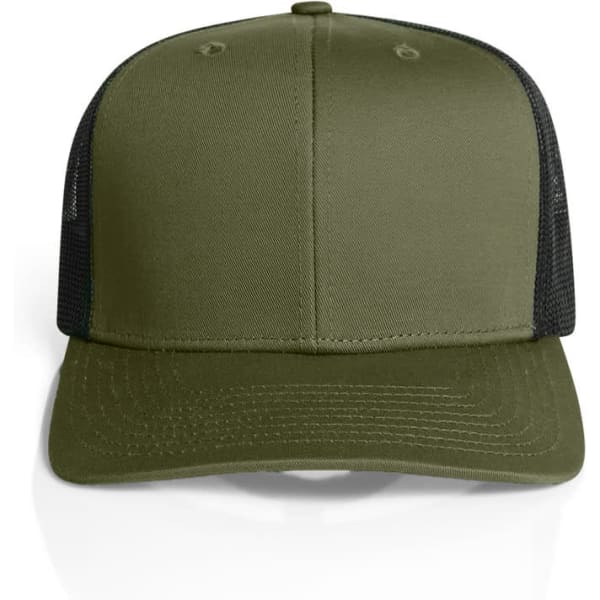 A green trucker cap with a solid front and black mesh sides, featuring a logo on the front.