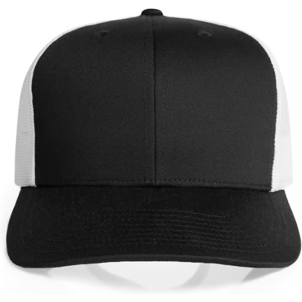 A black and white mesh contrast trucker cap featuring a solid front panel and a logo.