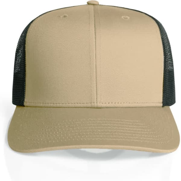 A beige trucker cap with black mesh sides and back, featuring a logo on the front.