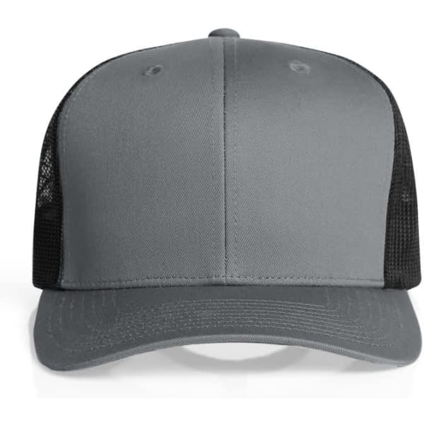 A grey trucker cap with black mesh panels and a structured front. It features a logo on the front.